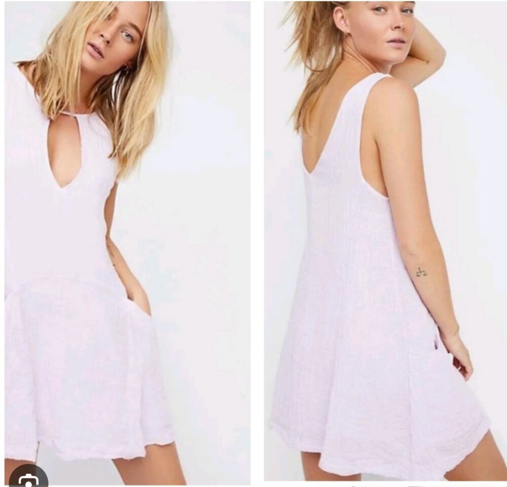 Free People Smooth Sailing Linen Mini Dress S Lilac Keyhole Pocket Boho Resort